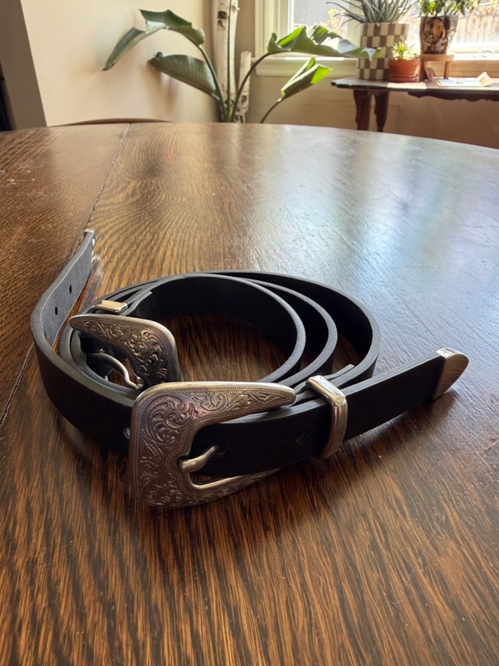 Women’s Black Double Western Belt with Engraved Silver Buckles